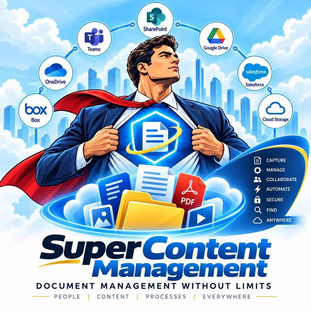 Super Content Management connects SharePoint, Teams, OneDrive, Box, Google Drive, Salesforce and cloud storage for capture, management, collaboration, automation, security and universal discovery.